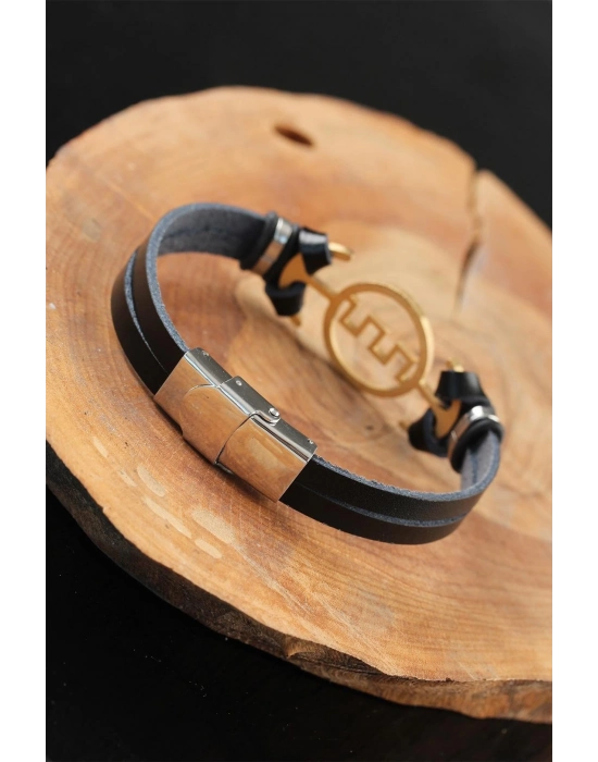 ® Gold Renk Metal Labirent Tasarım Siyah Renk Deri Erkek Bileklik