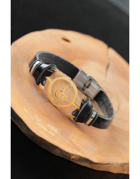 ® Gold Renk Metal Sol Anahtarlı Tasarım Siyah Renk Deri Erkek Bileklik