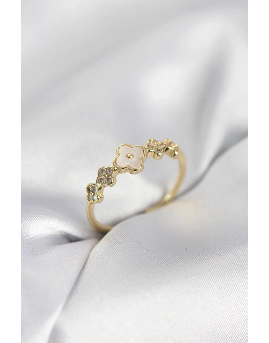 ® Gold Renk Minimal Yonca ve Zirkon Taşlı Kadın Yüzük
