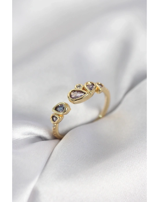 ® Gold Renk Mor Damla Zirkon Taşlı Kadın Yüzük