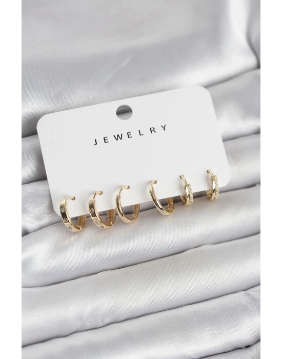 ® Gold Renk Pirinç 3 Çift Kadın Küpe Seti