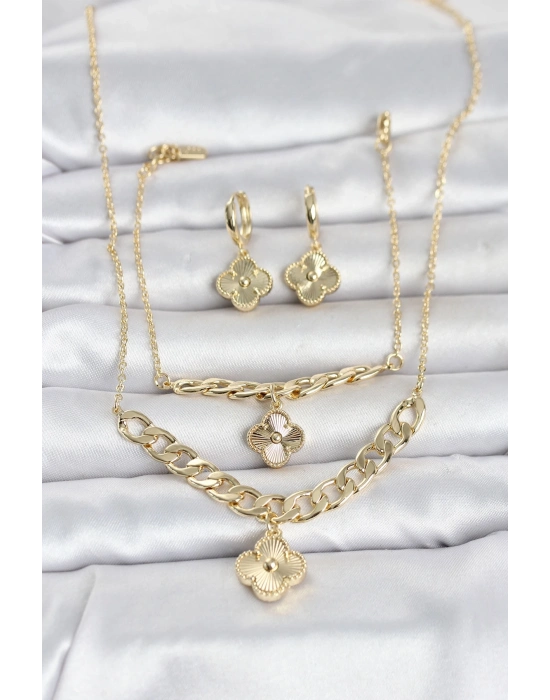 Gold Renk Pirinç Kolye Bileklik ve Küpe Seti