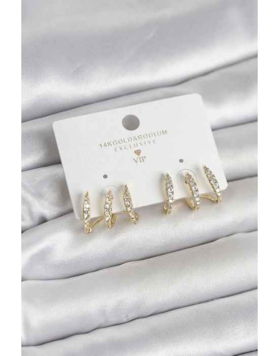 ® Gold Renk Pirinç Zirkon Taşlı Kadın Küpe