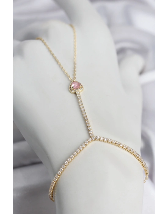 Gold Renk Pirinç Zirkon Taşlı Pembe Kalp Model Şahmeran