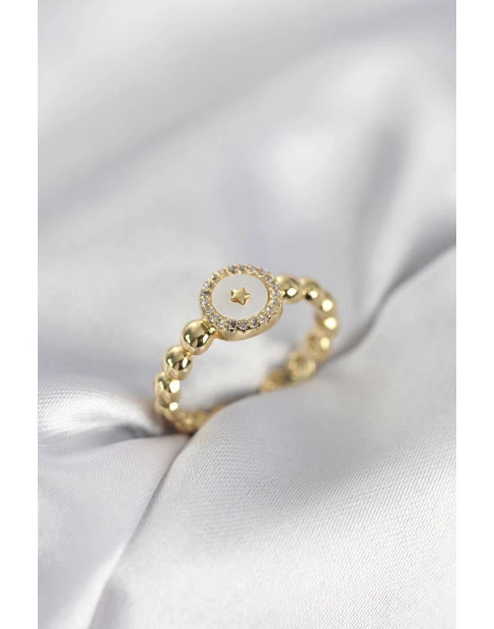 ® Gold Renk Sedefli Yıldız Model Zirkon Taşlı Kadın Yüzük