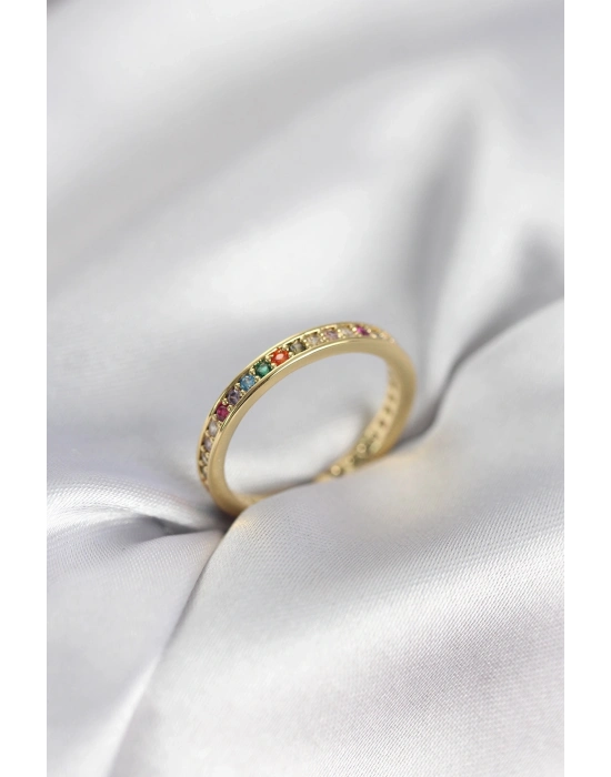 ® Gold Renk Sıralı Renkli Zirkon Taşlı Kadın Yüzük