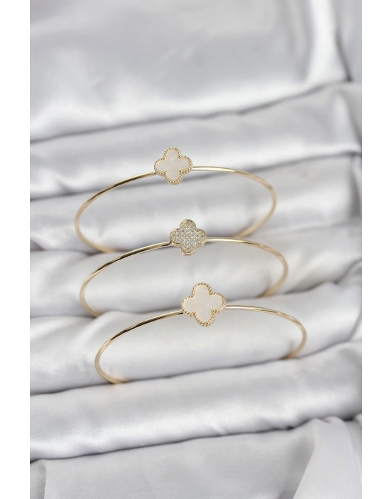 ® Gold Renk Yonca Model Zirkon Taşlı 3lü Kadın Bileklik Kombini