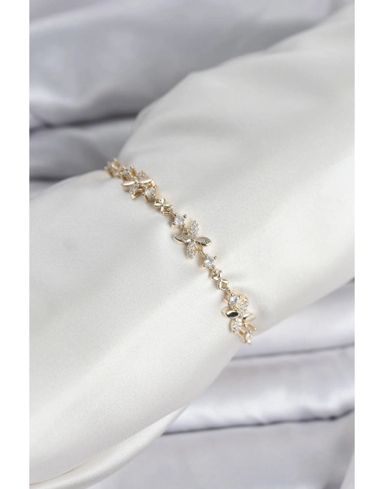 ® Gold Renk Yonca Model Zirkon Taşlı Asansörlü Kadın Bileklik