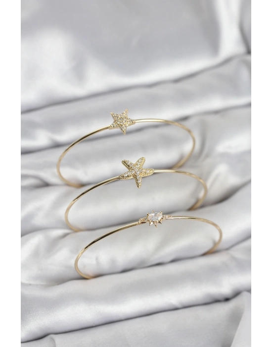 ® Gold Renk Zirkon Taşlı Deniz Yıldızı Model 3lü Kadın Bileklik Kombini