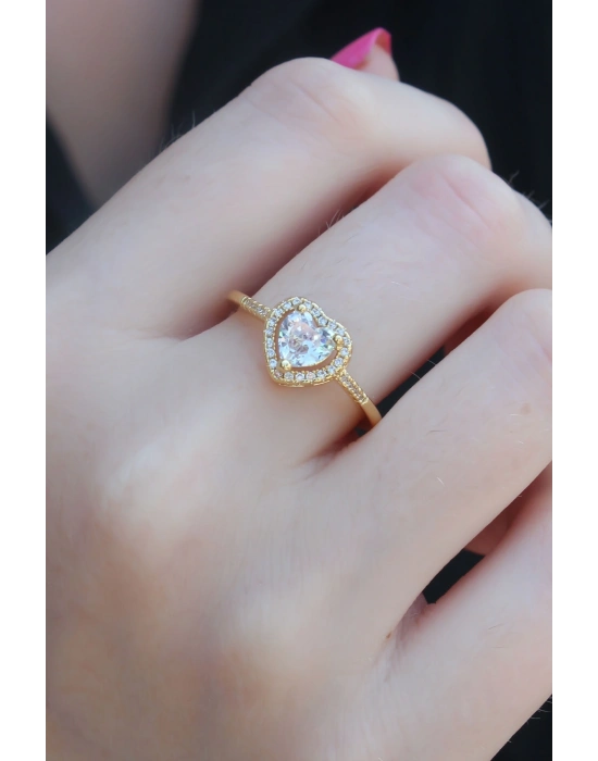 ® Gold Renk Zirkon Taşlı Kalp Model Charm Pirinç Kadın Yüzük