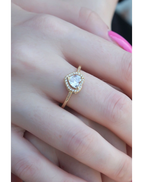 ® Gold Renk Zirkon Taşlı Kalp Model Charm Pirinç Kadın Yüzük