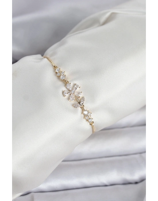 ® Gold Renk Zirkon Taşlı Papatya Model Asansörlü Kadın Bileklik