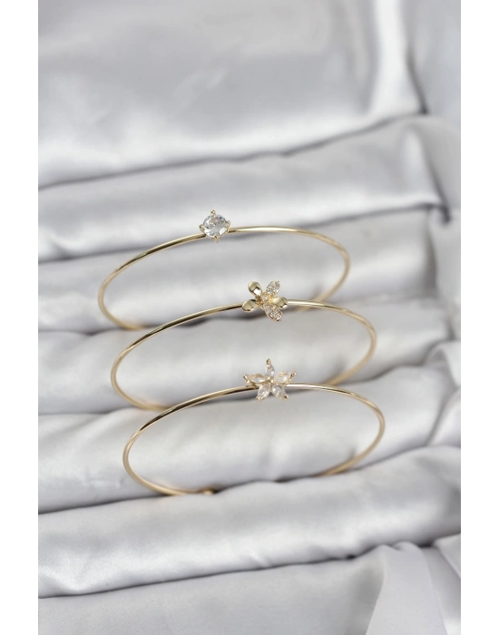 ® Gold Renk Zirkon Taşlı Pirinç 3lü Kadın Bileklik Kombini