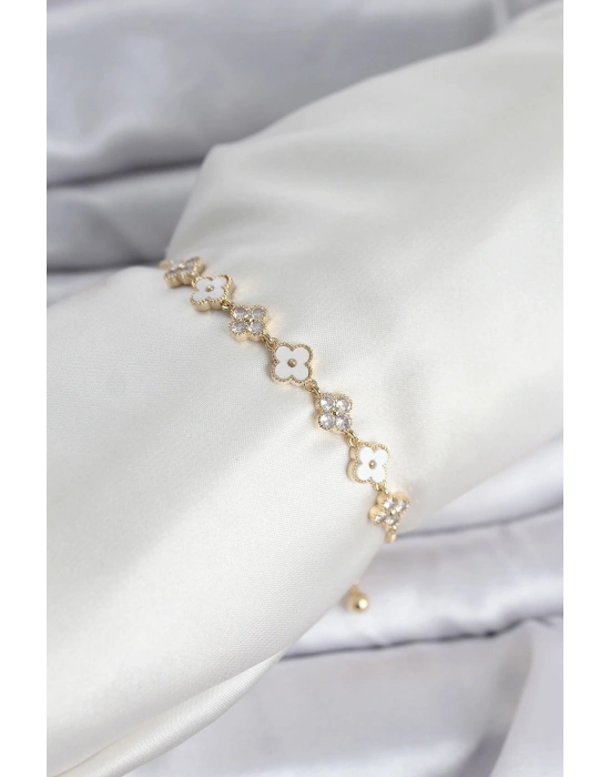 ® Gold Renk Zirkon Taşlı Sıralı Yonca Model Asansörlü Kadın Bileklik