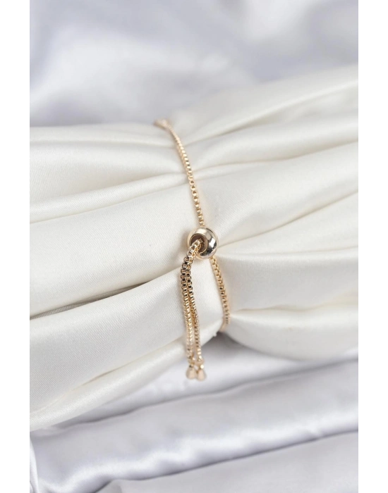 ® Gold Renk Zirkon Taşlı Sıralı Yonca Model Asansörlü Kadın Bileklik