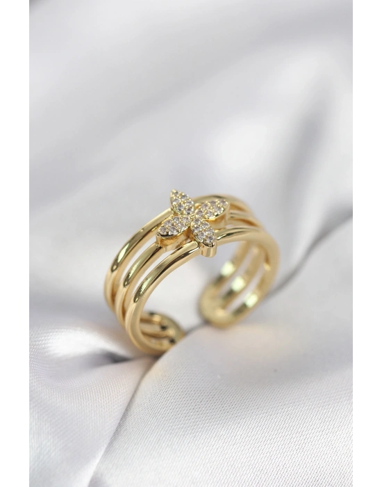® Gold Renk Zirkon Taşlı Yonca Model Kadın Yüzük