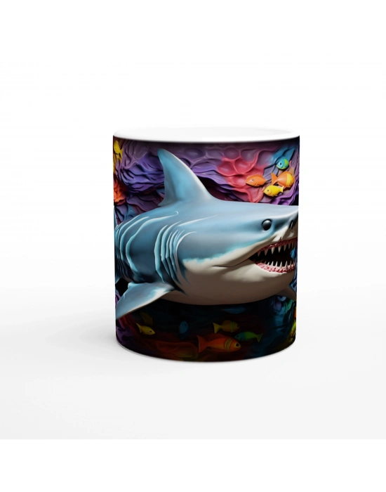 Gölgeli Mercan Duvarlar Arasında Köpekbalığı Su Altı Temalı Kupa Bardak