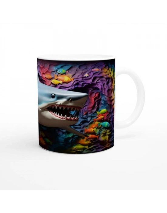 Gölgeli Mercan Duvarlar Arasında Köpekbalığı Su Altı Temalı Kupa Bardak