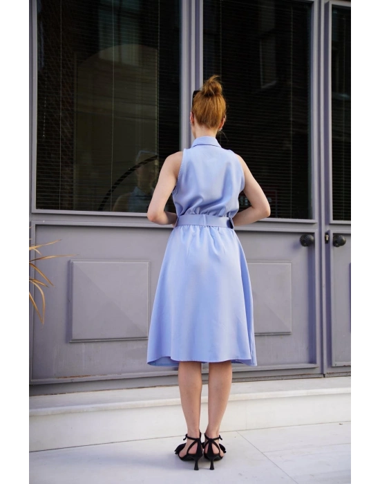 Gömlek yaka kemerli elbise mavi s255061