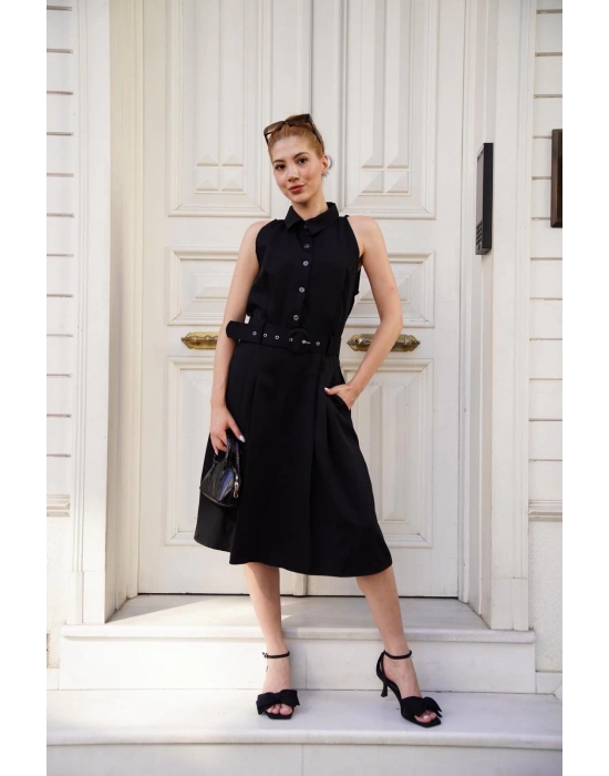 Gömlek yaka kemerli elbise siyah s255061