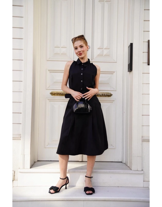 Gömlek yaka kemerli elbise siyah s255061