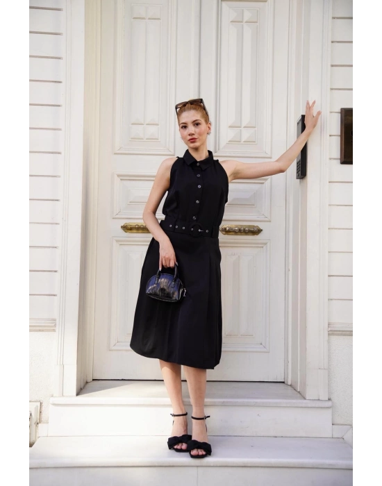 Gömlek yaka kemerli elbise siyah s255061