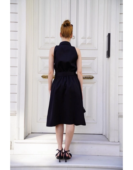 Gömlek yaka kemerli elbise siyah s255061