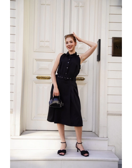 Gömlek yaka kemerli elbise siyah s255061