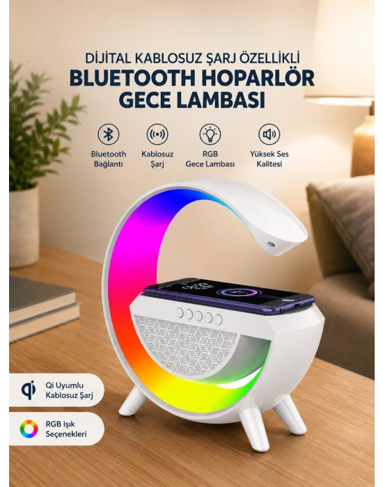 Google Dijital Kablosuz Şarj Özellikli Bluetooth Hoparlör Gece Lambası