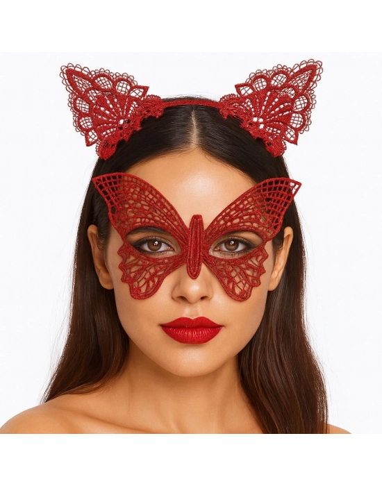 Gösterişli Kırmızı Dantel Maske Ve Taç Seti 7 No – Masquerade Ve Davetler İçin