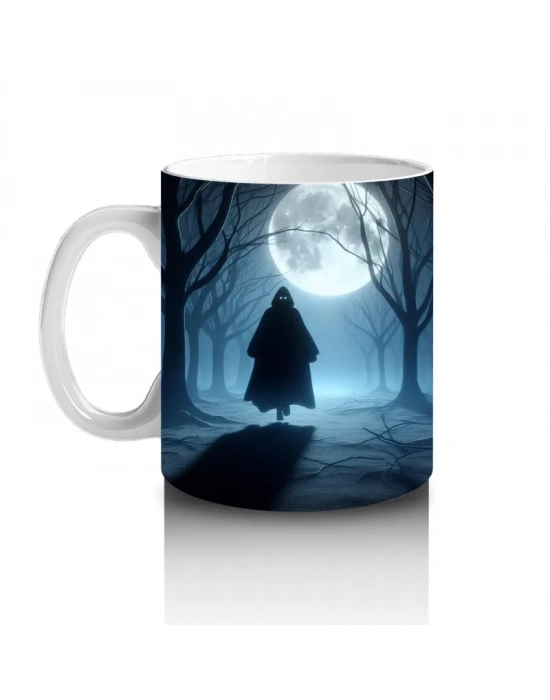 Gotik Koridorda Dolunayla Aydınlanan Cadı Silüeti Temalı Cadılar Bayramı Baskılı Kupa Bardak