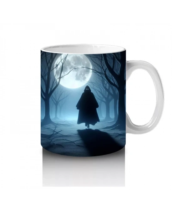 Gotik Koridorda Dolunayla Aydınlanan Cadı Silüeti Temalı Cadılar Bayramı Baskılı Kupa Bardak