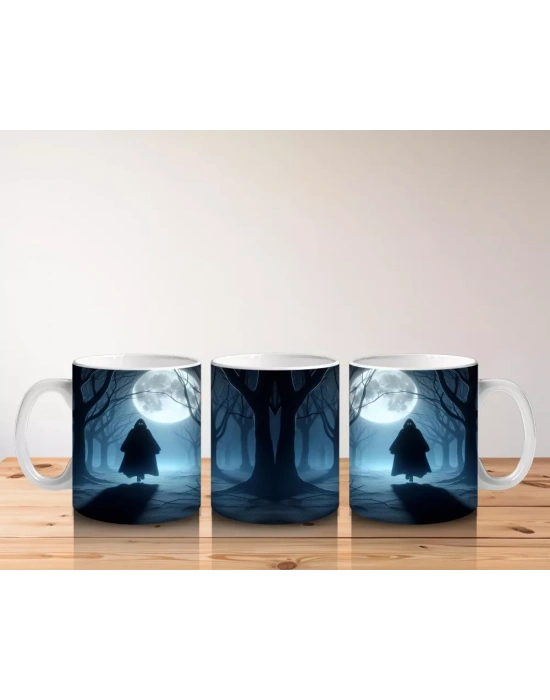 Gotik Koridorda Dolunayla Aydınlanan Cadı Silüeti Temalı Cadılar Bayramı Baskılı Kupa Bardak