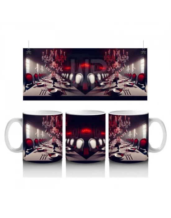 Gotik Saray İçinde Kırmızı Mumlarla Karanlık Cadılar Bayramı Baskılı Kupa Bardak