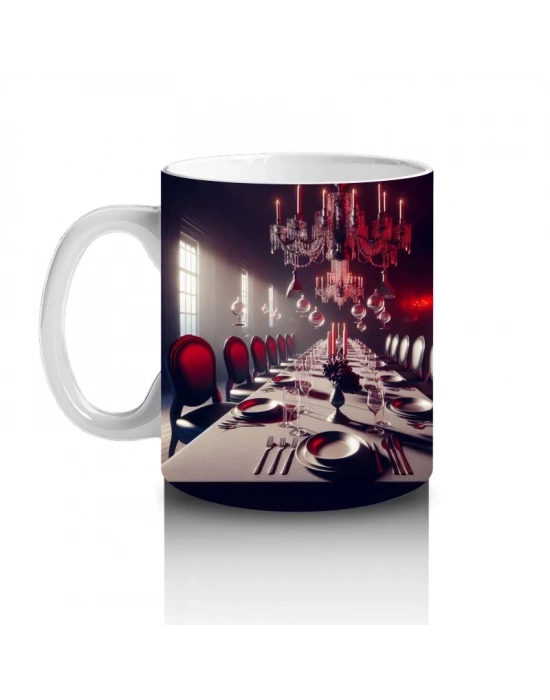 Gotik Saray İçinde Kırmızı Mumlarla Karanlık Cadılar Bayramı Baskılı Kupa Bardak