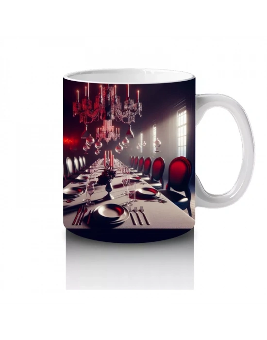 Gotik Saray İçinde Kırmızı Mumlarla Karanlık Cadılar Bayramı Baskılı Kupa Bardak