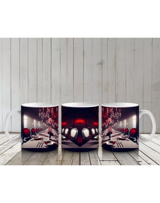 Gotik Saray İçinde Kırmızı Mumlarla Karanlık Cadılar Bayramı Baskılı Kupa Bardak