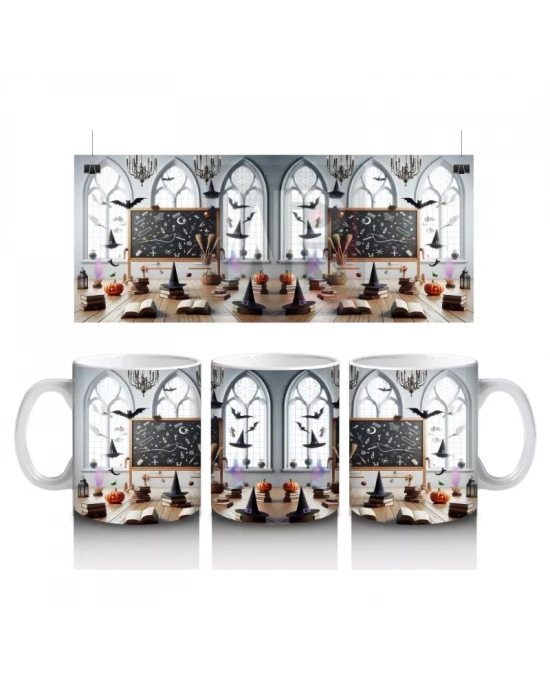 Gotik Şato Girişinde Kafatası Süslemeli Korku Temalı Cadılar Bayramı Baskılı Kupa