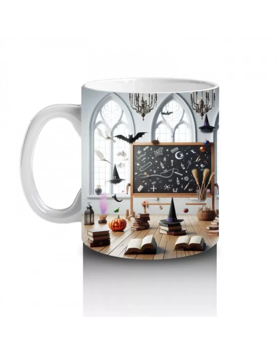 Gotik Şato Girişinde Kafatası Süslemeli Korku Temalı Cadılar Bayramı Baskılı Kupa