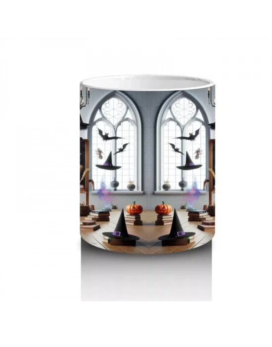 Gotik Şato Girişinde Kafatası Süslemeli Korku Temalı Cadılar Bayramı Baskılı Kupa