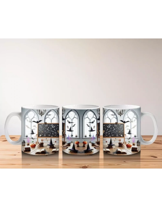 Gotik Şato Girişinde Kafatası Süslemeli Korku Temalı Cadılar Bayramı Baskılı Kupa