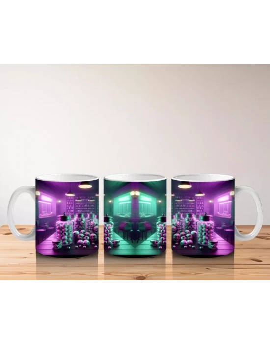 Gotik Tarzda Cam Fanuslu Işıltılı Cadılar Bayramı Baskılı Kupa Bardak