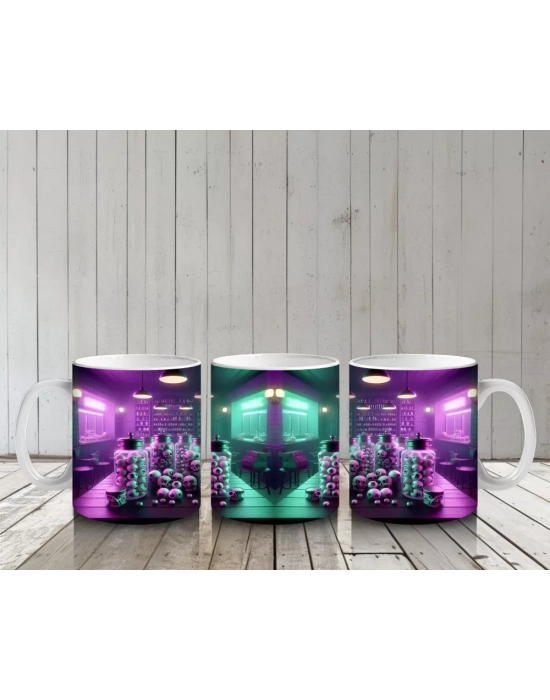 Gotik Tarzda Cam Fanuslu Işıltılı Cadılar Bayramı Baskılı Kupa Bardak