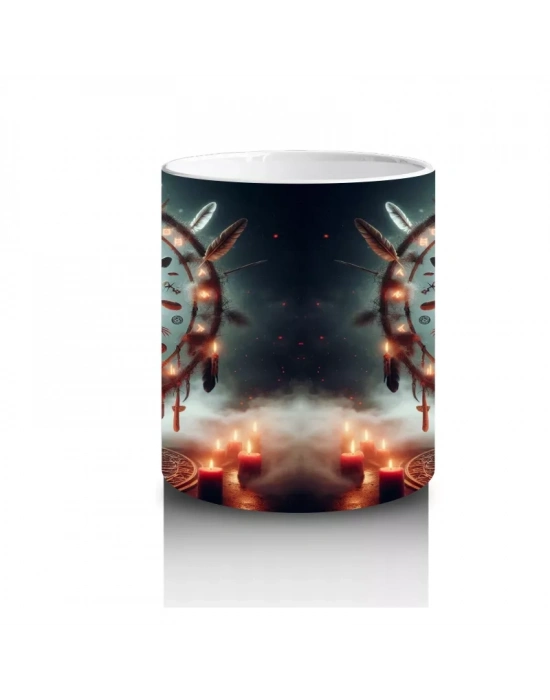 Göz Figürü ve Alevlerle Çevrelenmiş Gotik Büyü Temalı Cadılar Bayramı Baskılı Kupa