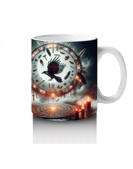 Göz Figürü ve Alevlerle Çevrelenmiş Gotik Büyü Temalı Cadılar Bayramı Baskılı Kupa