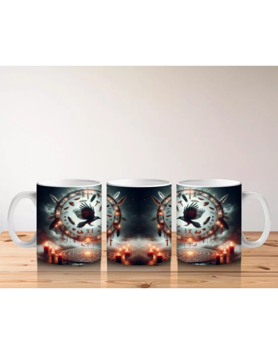 Göz Figürü ve Alevlerle Çevrelenmiş Gotik Büyü Temalı Cadılar Bayramı Baskılı Kupa