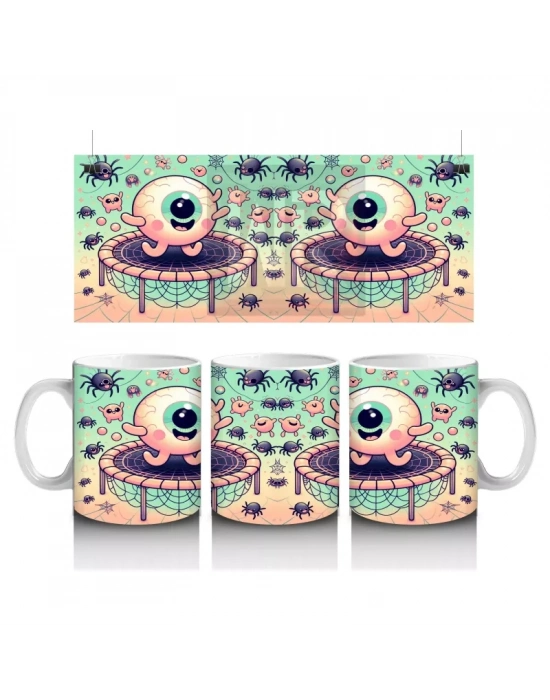 Göz Küresi Figürlü Renkli Şekerlemelerle Süslenmiş Cadılar Bayramı Baskılı Kupa