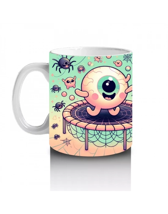 Göz Küresi Figürlü Renkli Şekerlemelerle Süslenmiş Cadılar Bayramı Baskılı Kupa