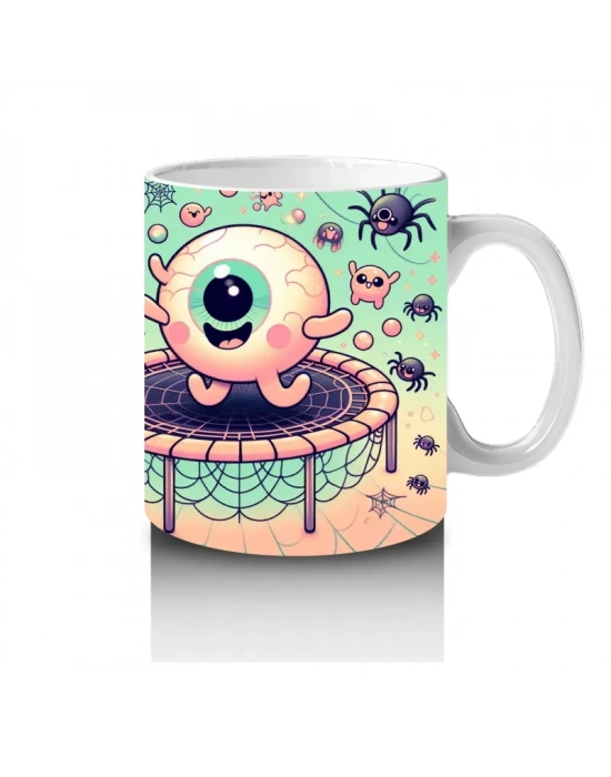 Göz Küresi Figürlü Renkli Şekerlemelerle Süslenmiş Cadılar Bayramı Baskılı Kupa