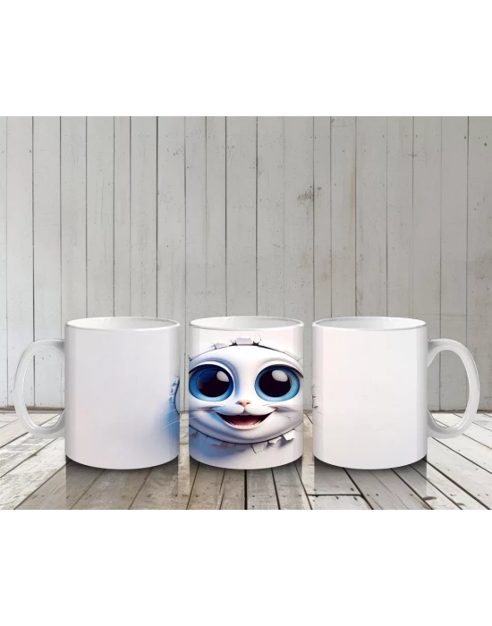 Gözleri Kocaman Sevimli Beyaz Maskot Yüzü – Baskılı Kahve Kupası